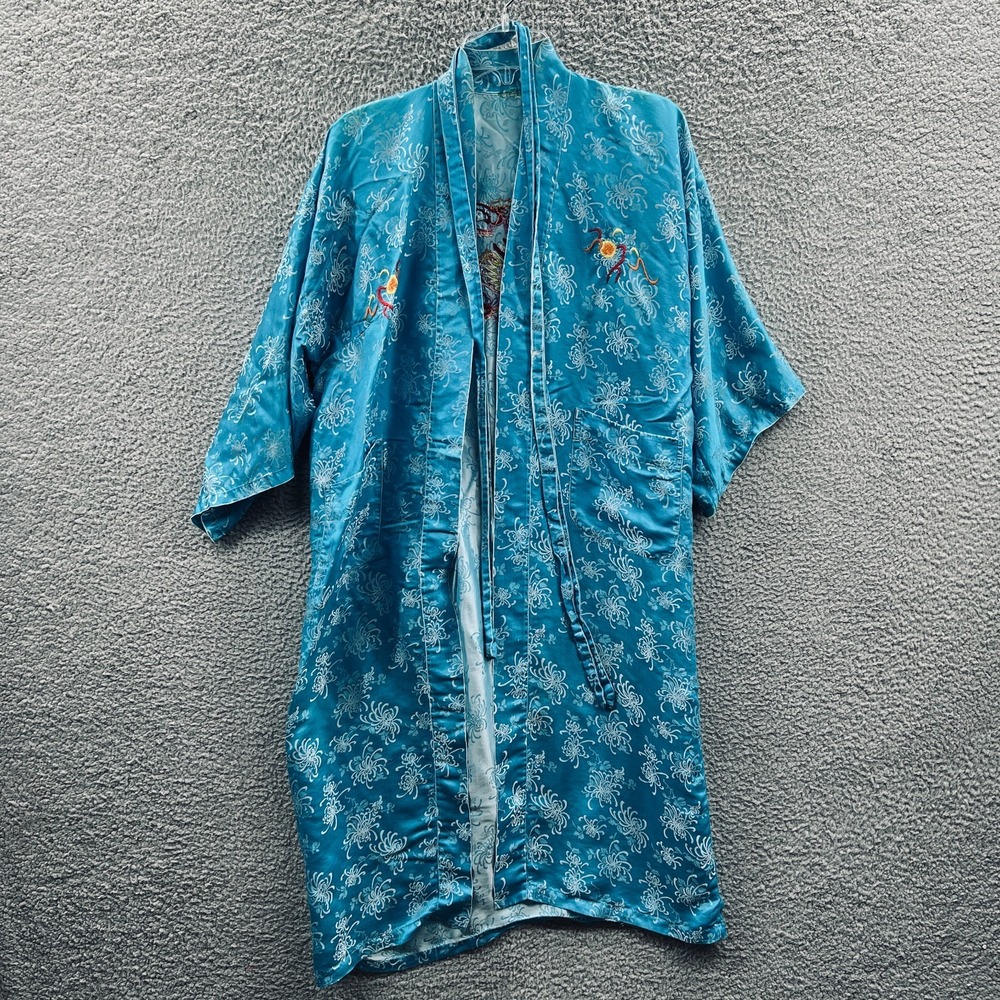 Vintage Embroidered Dragon Kimono Robe Blue Brocade Asian Oriental Lounge Jacket